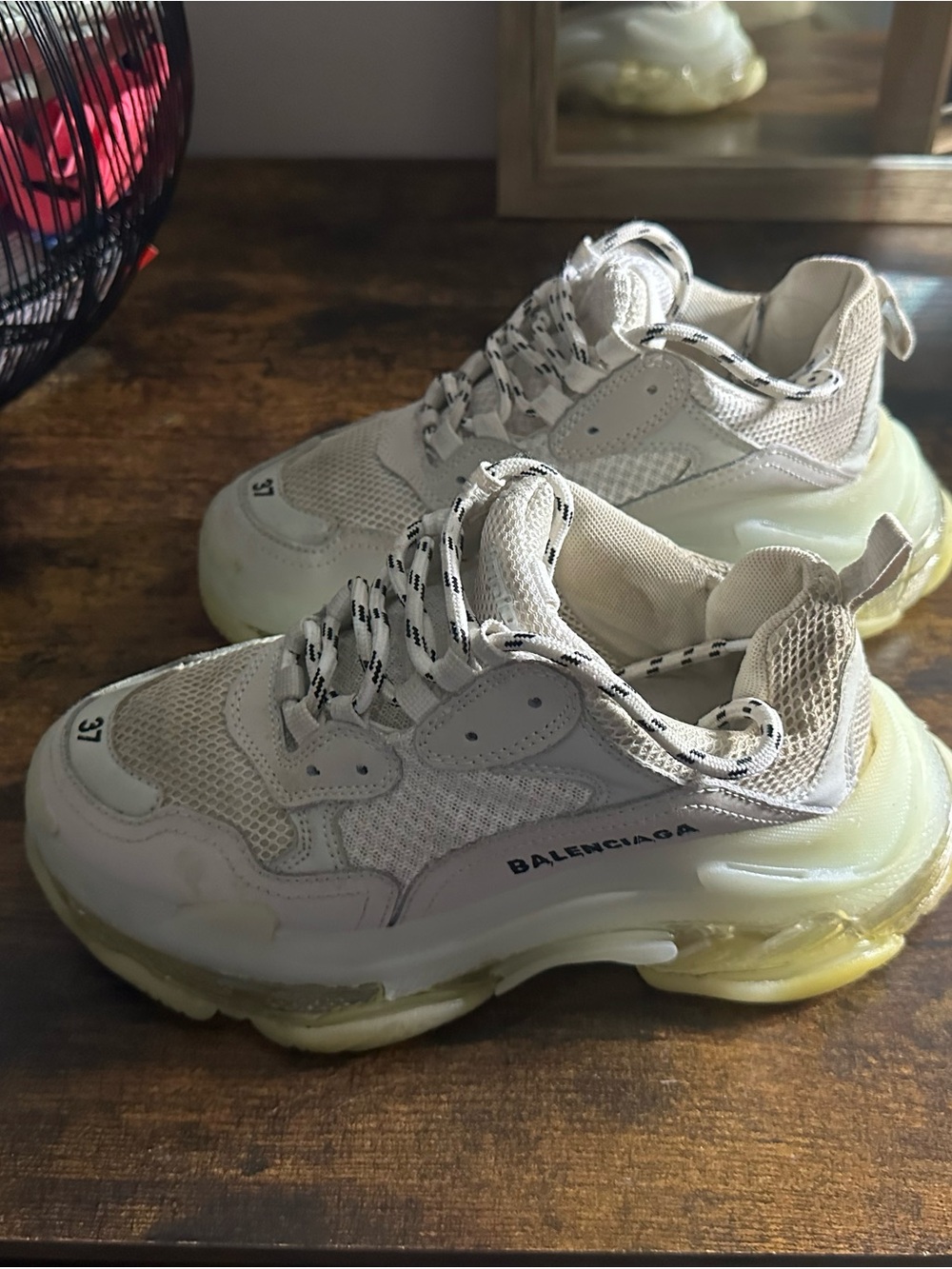 Balenciaga White Mesh & Leather Triple-S Sneakers with Yellow-Tinted Sole Womens